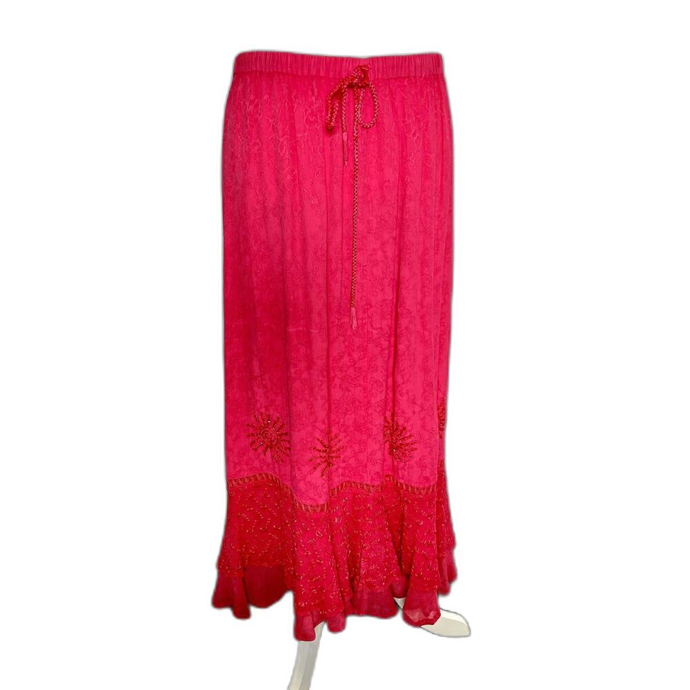 L POGEE Gypsy Skirt Free Size Hot PInk Bohemian Style Beaded Embroidered